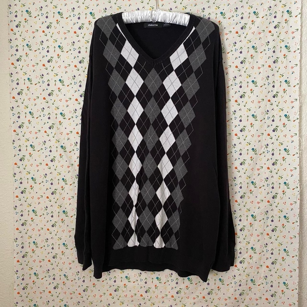 Plus size black argyle v-neck sweater